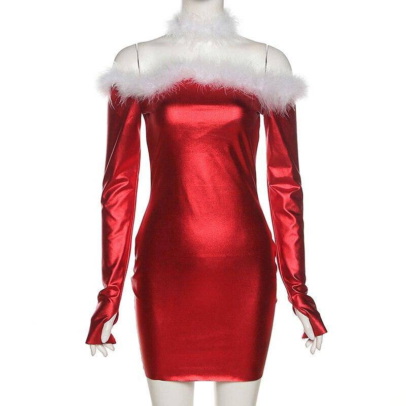 Robe de Noël Nikki solide en fausse fourrure à épaules dénudées