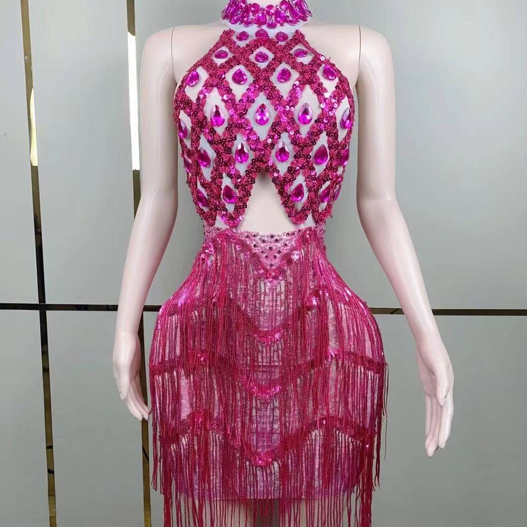 Pagett Rhinestones Sequins Tassel Backless Mini Dress - Hot fashionista