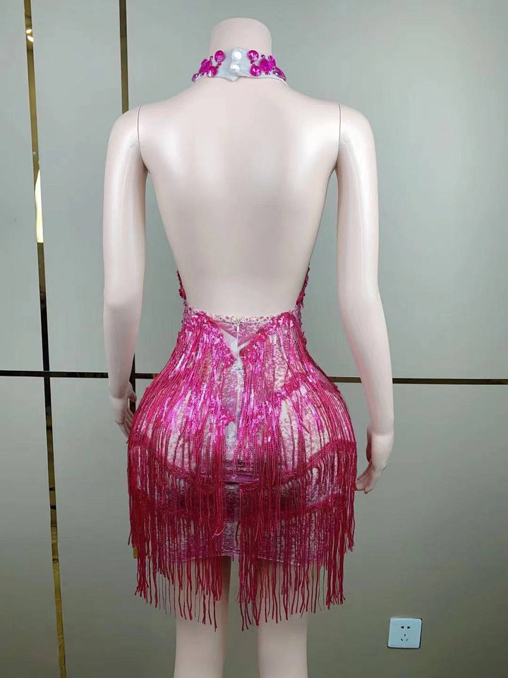 Pagett Rhinestones Sequins Tassel Backless Mini Dress - Hot fashionista