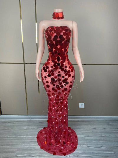 Robe longue transparente à paillettes rouges sans bretelles Robynn