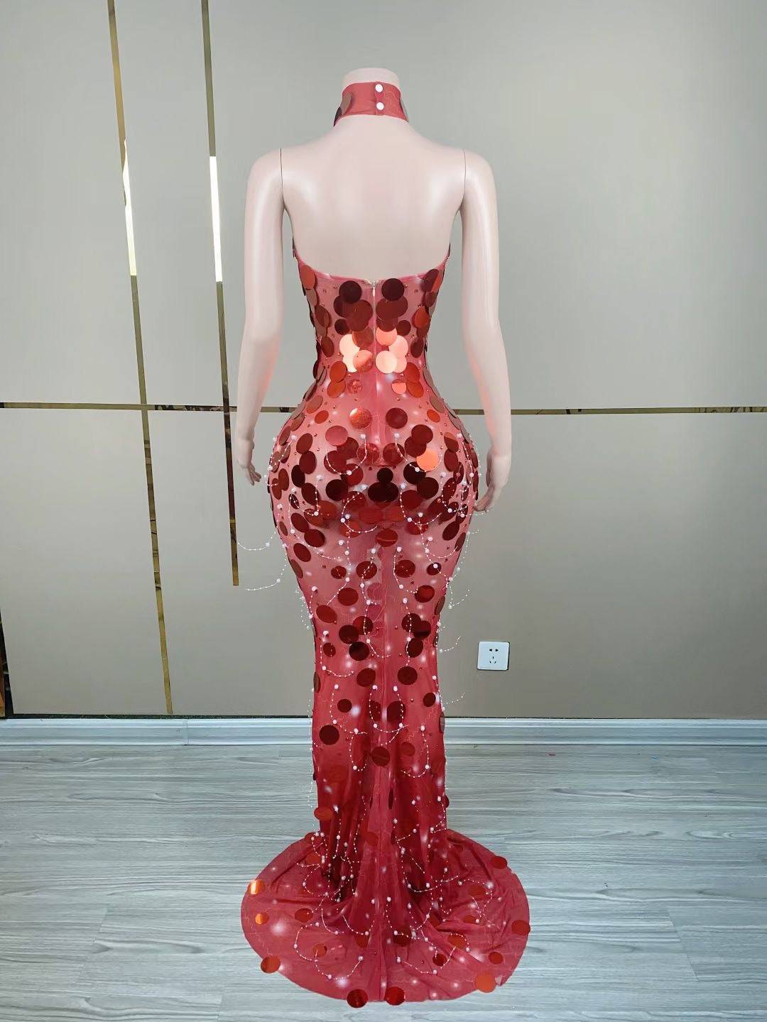 Robe longue transparente à paillettes rouges sans bretelles Robynn