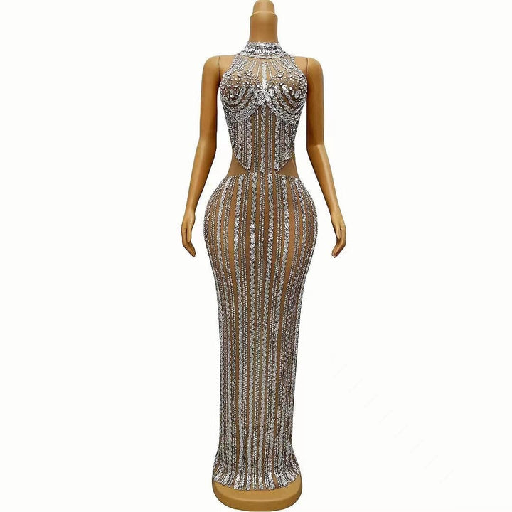 Sydnie Silver Sequins Rhinestones Transparent Dress - Hot fashionista