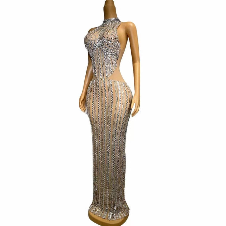 Sydnie Silver Sequins Rhinestones Transparent Dress - Hot fashionista