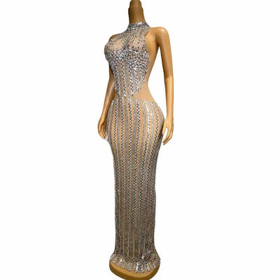 Sydnie Silver Sequins Rhinestones Transparent Dress