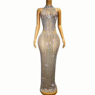 Sydnie Silver Sequins Rhinestones Transparent Dress