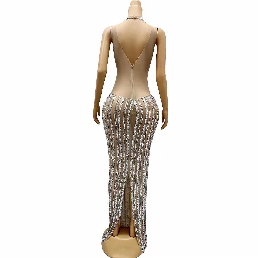 Sydnie Silver Sequins Rhinestones Transparent Dress - Hot fashionista