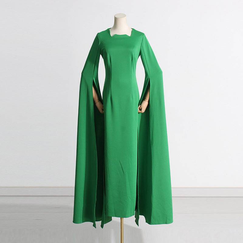 Shanon Cloak Sleeve Pointed Collar Green Maxi Dress - Hot fashionista