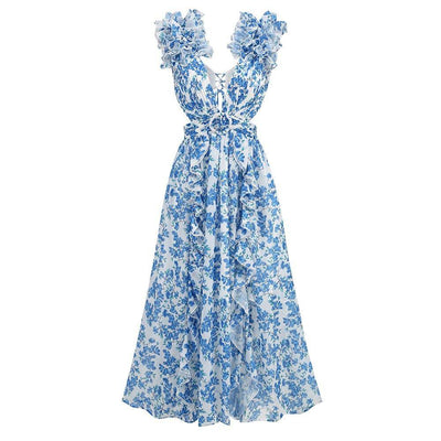 Adelina Floral V Neck Ruffled Cutout Backless Dress