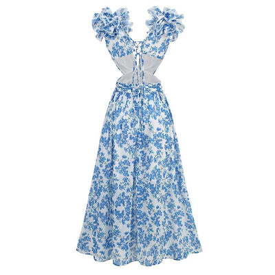 Adelina Floral V Neck Ruffled Cutout Backless Dress