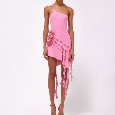 Erna One Strap Rose-Detail Ruffle Mini Dress