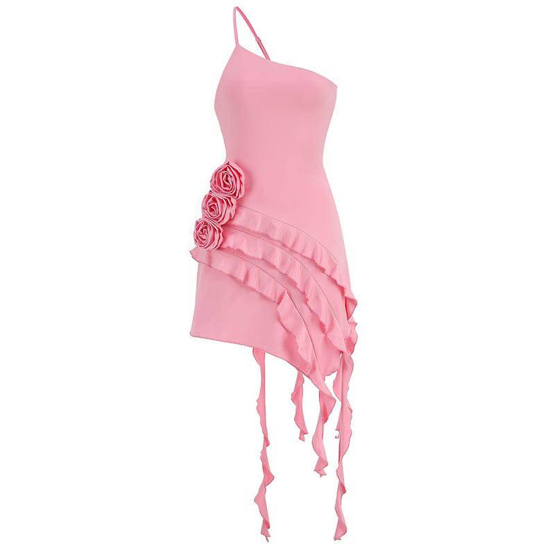 Erna One Strap Rose-Detail Ruffle Mini Dress - Hot fashionista