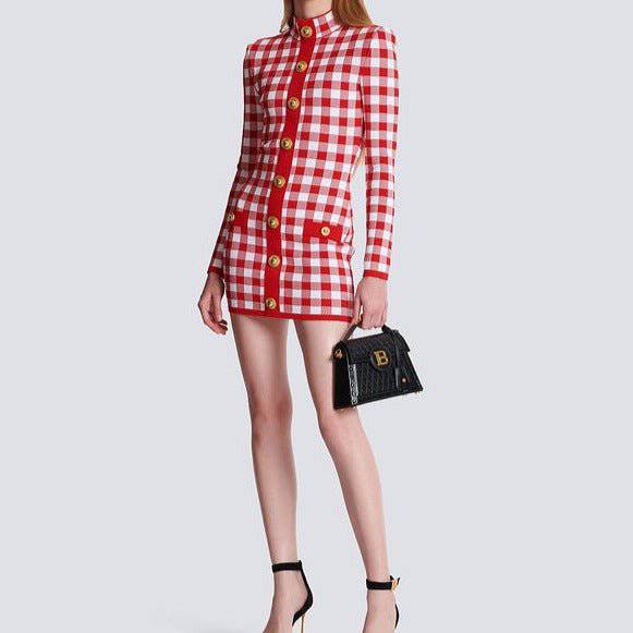 Abby Long Sleeve Gingham Print Button Embellished Mini Dress - Hot fashionista