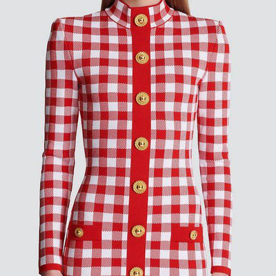 Abby Long Sleeve Gingham Print Button Embellished Mini Dress