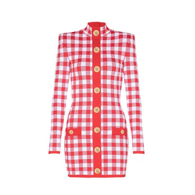 Abby Long Sleeve Gingham Print Button Embellished Mini Dress - Hot fashionista