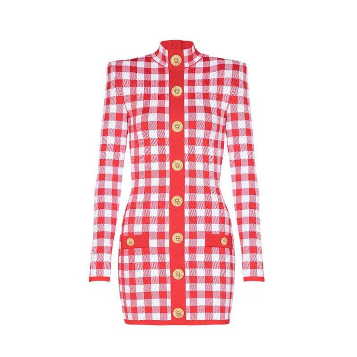 Abby Long Sleeve Gingham Print Button Embellished Mini Dress - Hot fashionista