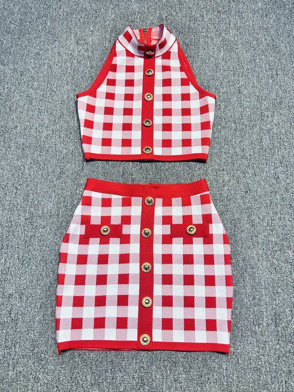 Abigail Sleeveless Gingham Print Button Embellished Mini skirt set - Hot fashionista