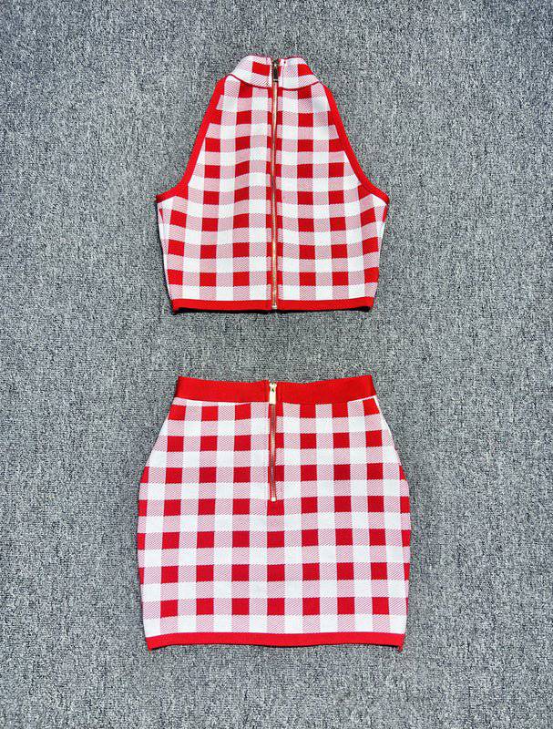 Abigail Sleeveless Gingham Print Button Embellished Mini skirt set - Hot fashionista