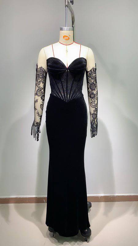 Annie Off Shoulder Maxi Dress With Lace Opera Gloves - Hot fashionista