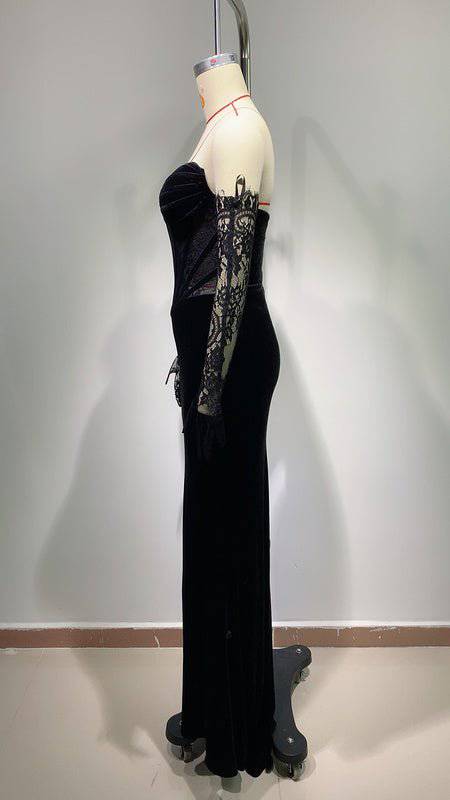 Annie Off Shoulder Maxi Dress With Lace Opera Gloves - Hot fashionista