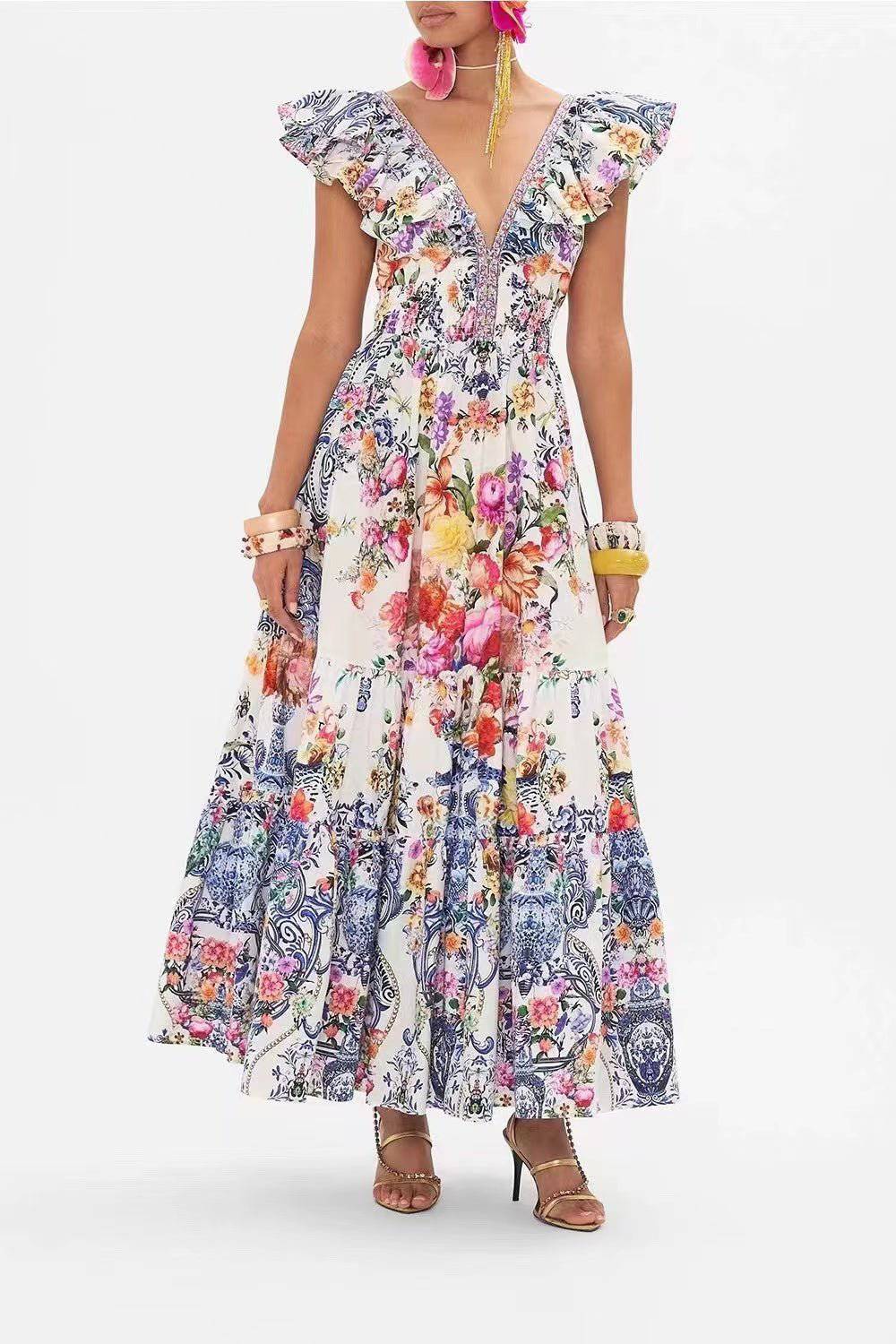 Ava Ruffle Floral Printed V-neck Maxi Dress