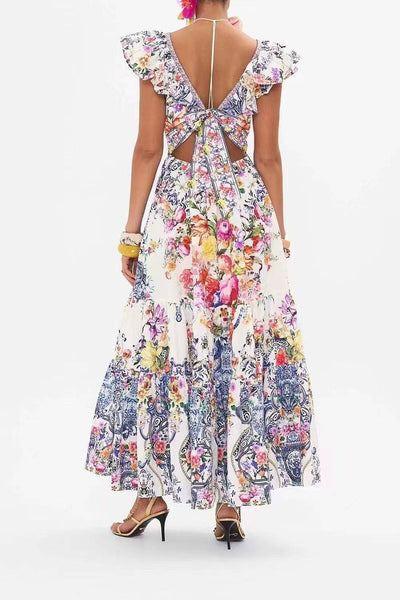 Ava Ruffle Floral Printed V-neck Maxi Dress