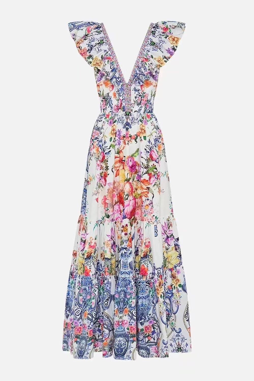 Ava Ruffle Floral Printed V-neck Maxi Dress