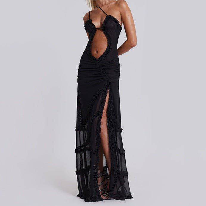 Ada Straps Hollow Gathered Lace Slit Maxi Dress - Hot fashionista