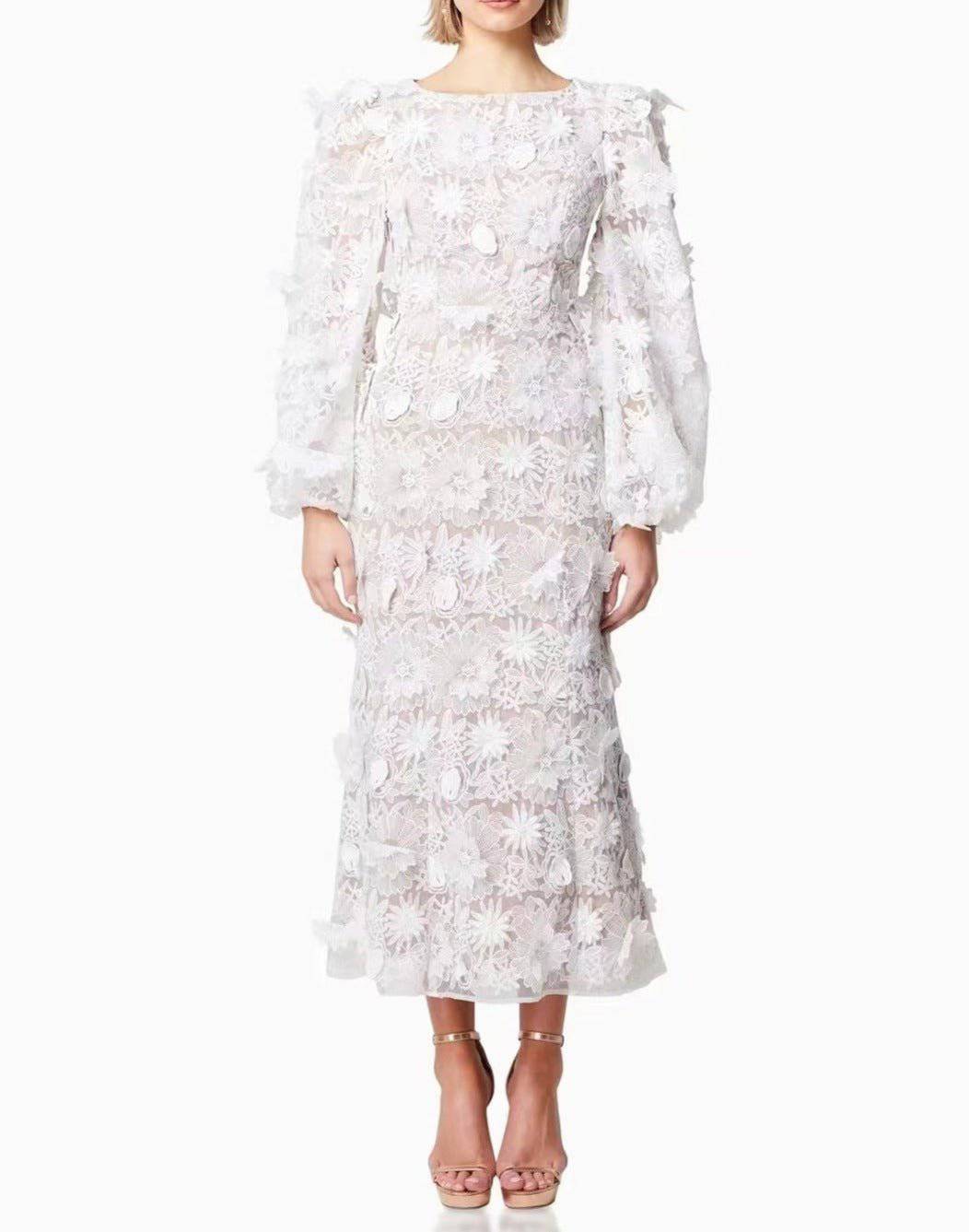 Clara Bishop Sleeve Floral Lace Midi Dress