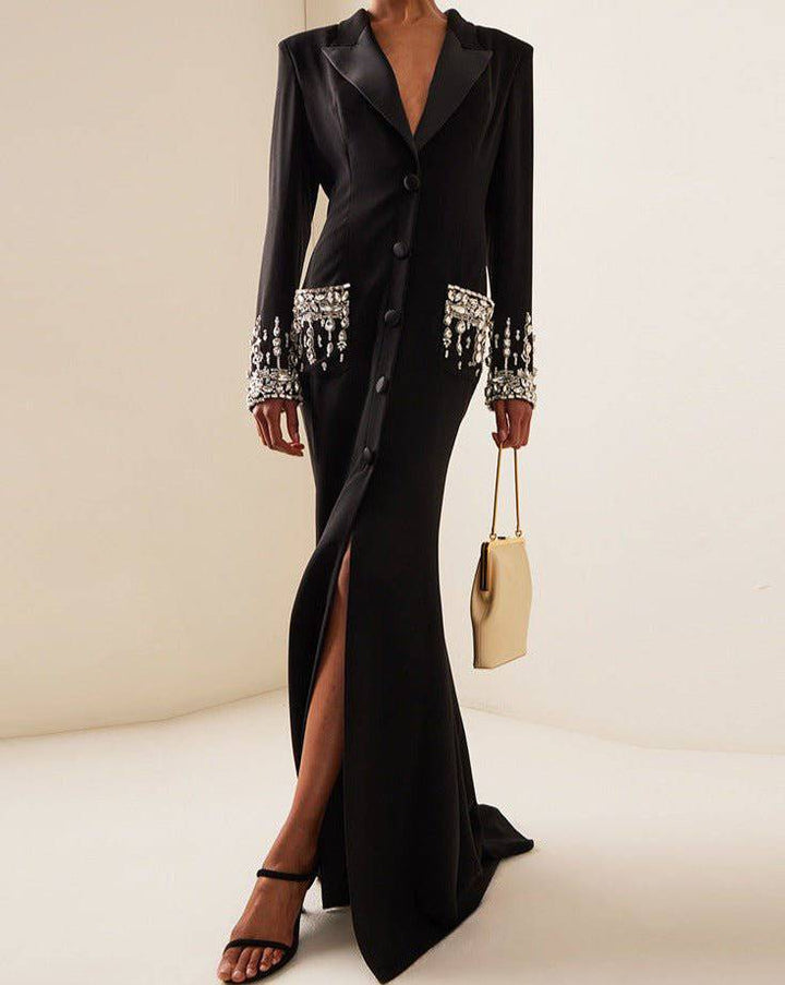 Emmylou Long Sleeve Rhinestone Embellished Blazer Maxi Dress - Hot fashionista