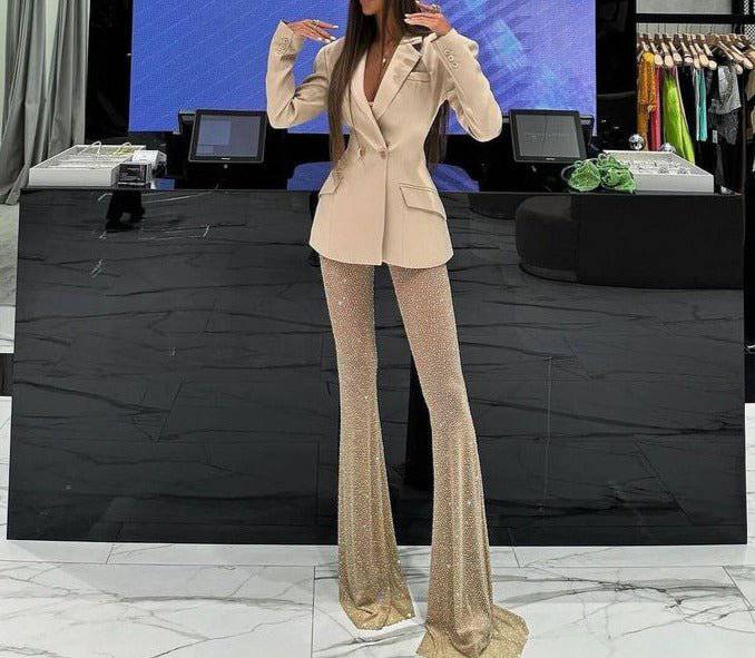 Helen V Neck Long Sleeve Rhinestone Suit - Hot fashionista