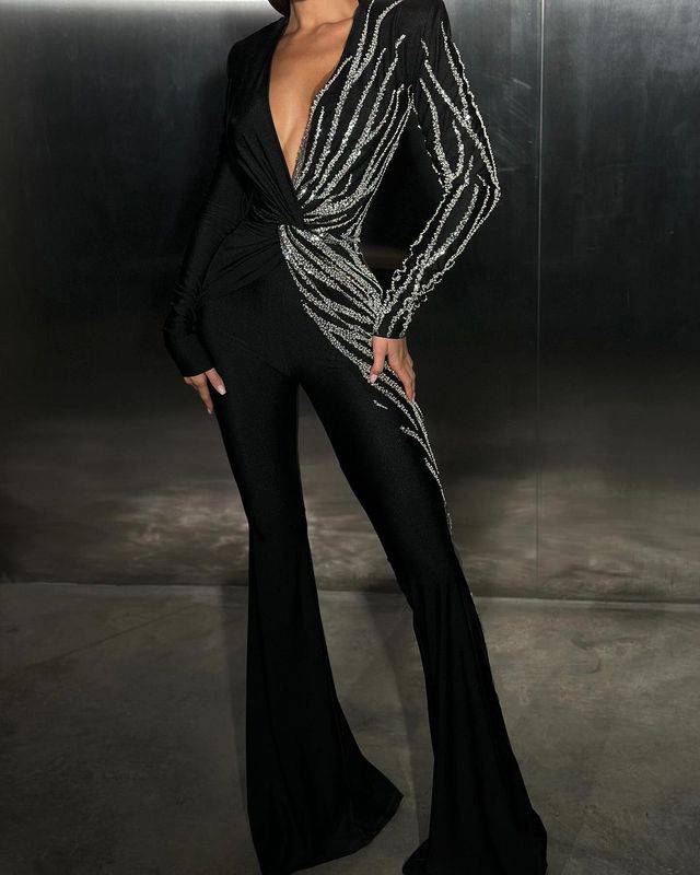 Sheila Long Sleeves Rhinestone Jumpsuit - Hot fashionista