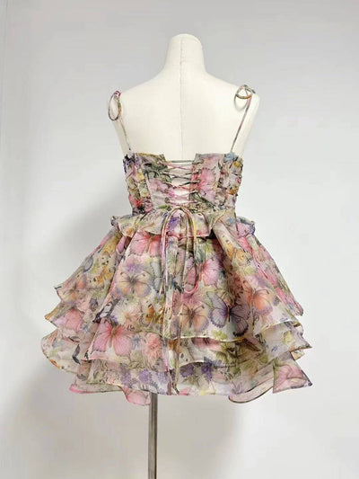 Caroline Spaghetti Strap Butterfly Print Ruffle Tiered Mini Dress