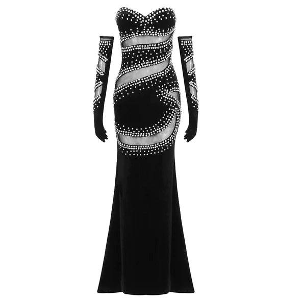 Robe longue Charity à épaules dénudées et à ornements en strass