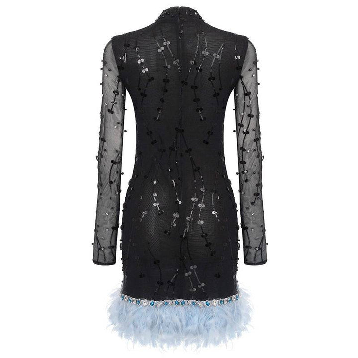 Crissa Long Sleeve Embellished Feather Mini Dress - Hot fashionista