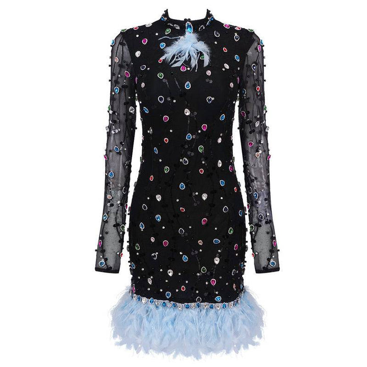 Crissa Long Sleeve Embellished Feather Mini Dress - Hot fashionista