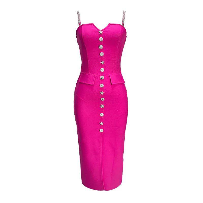 Darcy Hot Pink Tube with Silver Button Midi Dress - Hot fashionista