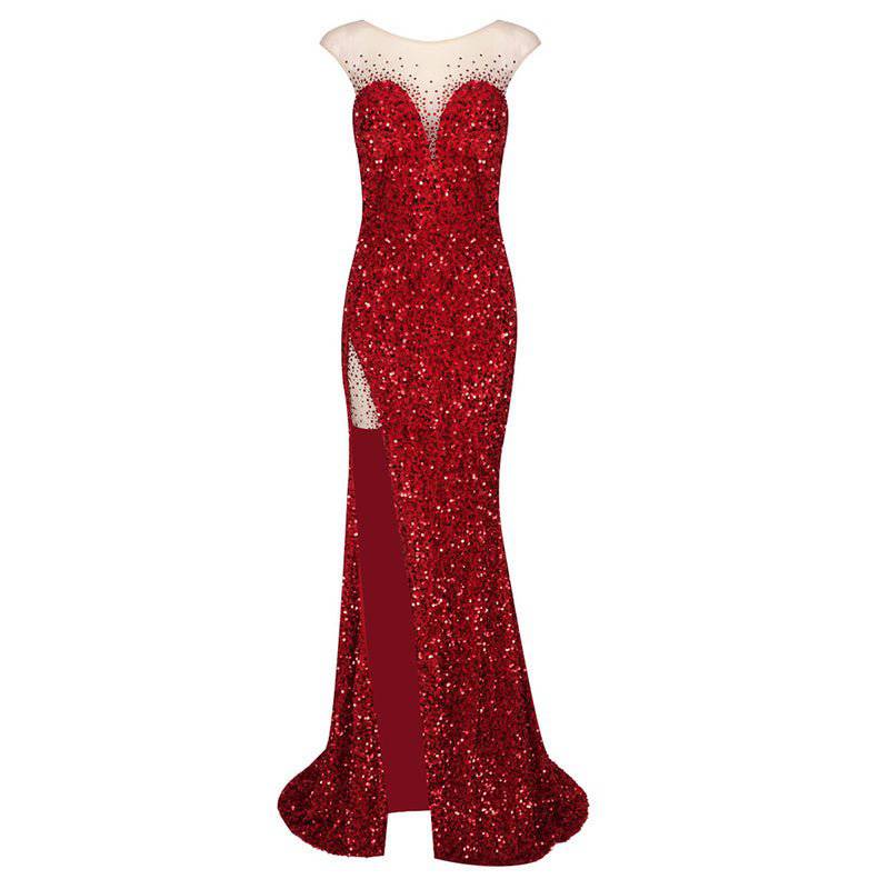 Robe longue fendue sur le côté avec empiècement en maille et sequins Darcy