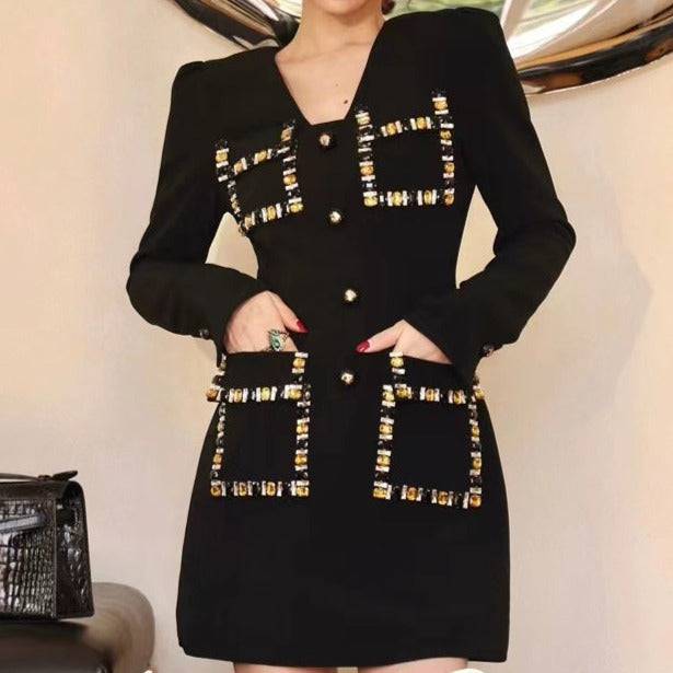 Darylene Long Sleeve V Neck Square Diamond Embellished Mini Dress - Hot fashionista