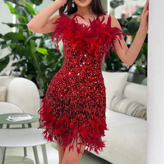 Robe courte bustier à paillettes et plumes en cristal Elanor