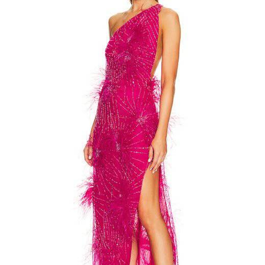 Eleanor One Shoulder Rhinestone Sequins Side Slit Maxi Dress - Hot fashionista