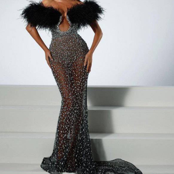 Ellen Off The Shoulder Feather Sequined Maxi Dress - Hot fashionista