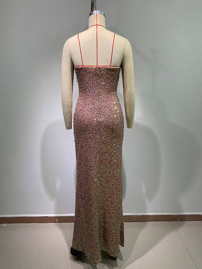 Robe longue à paillettes scintillantes et fente latérale à col en cœur Emily