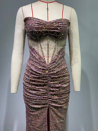 Robe longue à paillettes scintillantes et fente latérale à col en cœur Emily