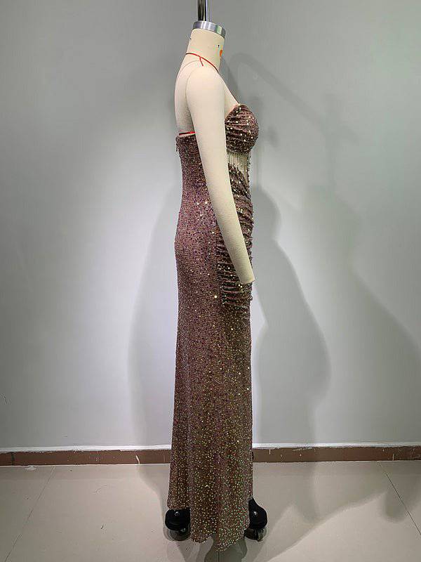 Robe longue à paillettes scintillantes et fente latérale à col en cœur Emily