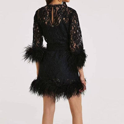 Esmeralda Long Sleeve Lace Feather Trim Mini Dress