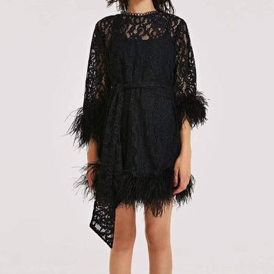 Esmeralda Long Sleeve Lace Feather Trim Mini Dress