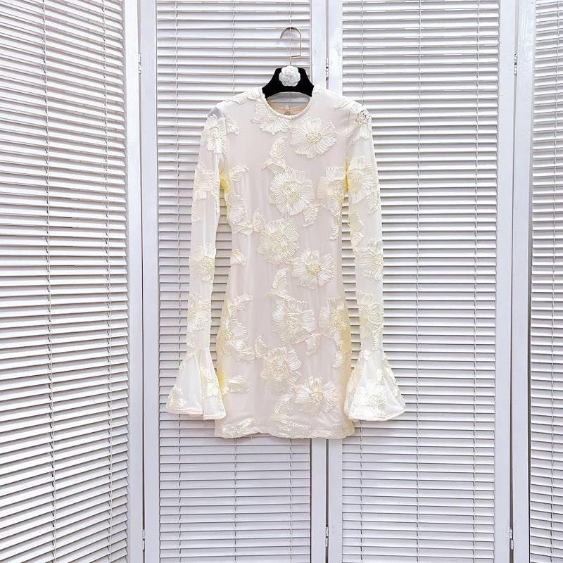 Evynne Flare Sleeves Backless Floral Embroidered Mini Dress