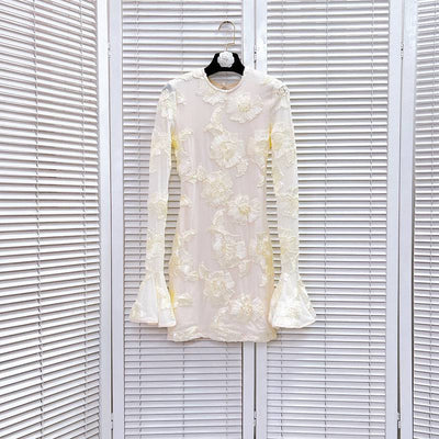 Evynne Flare Sleeves Backless Floral Embroidered Mini Dress