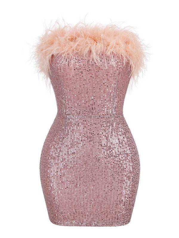 Felicita Sequin Feather Off Shoulder Mini Dress