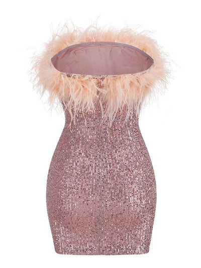 Felicita Sequin Feather Off Shoulder Mini Dress